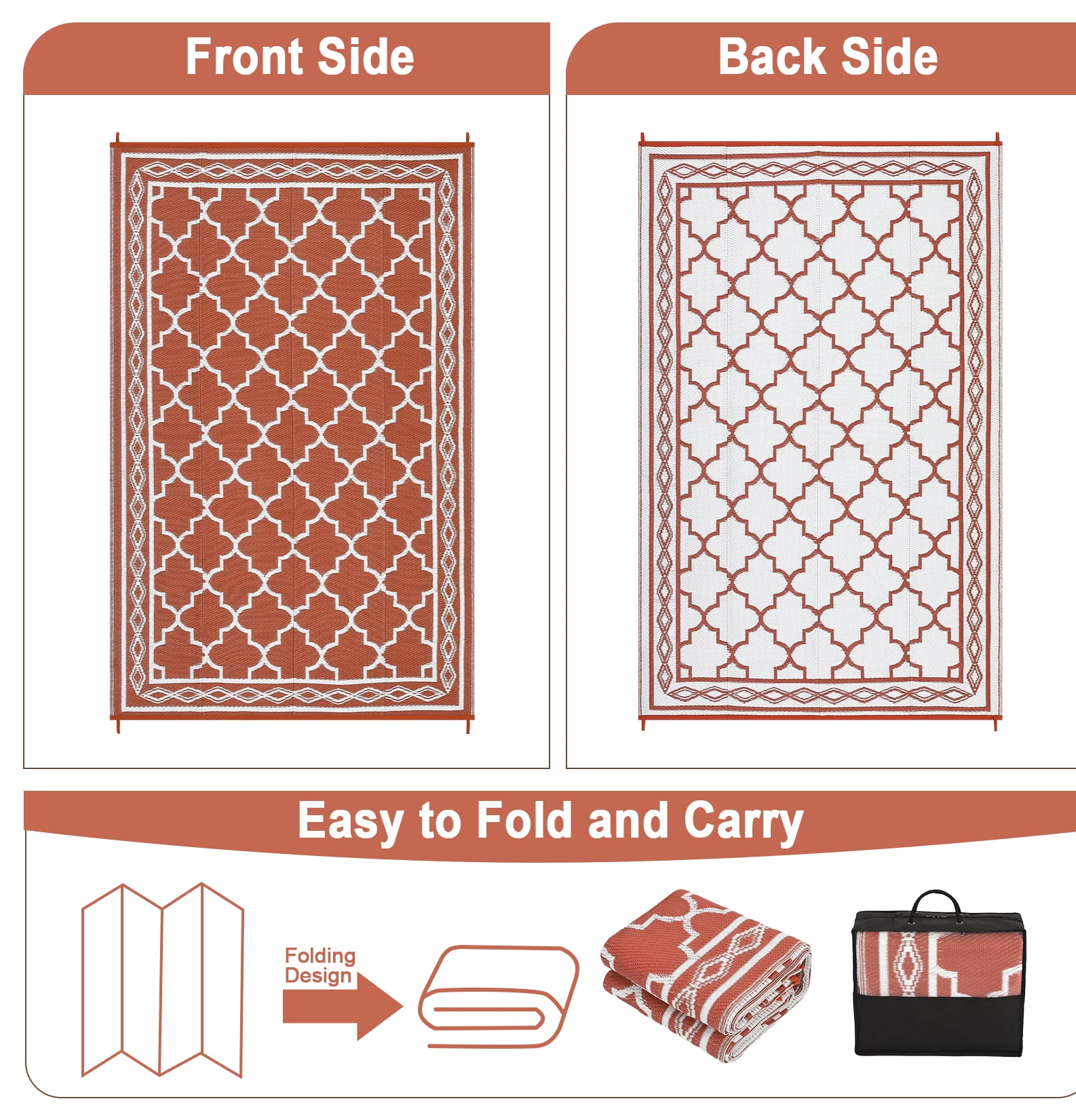 GlowSol 10' x 14' Outdoor Rug Plastic Patio Rug Plastic Straw Waterproof Rug Moroccan Reversible Camper Rug for RV Backyard Deck Picnic Beach, Brick Red