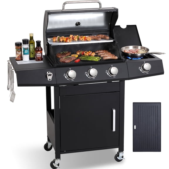 3-Burner Propane Gas BBQ Grill with Side Burner for Outdoor BBQ, 39,000 BTU, Porcelain Cooking Grids Cast Iron Griddle, Stainless Steel Burners, Pull-Out Grease Tray, Cabinet Storage