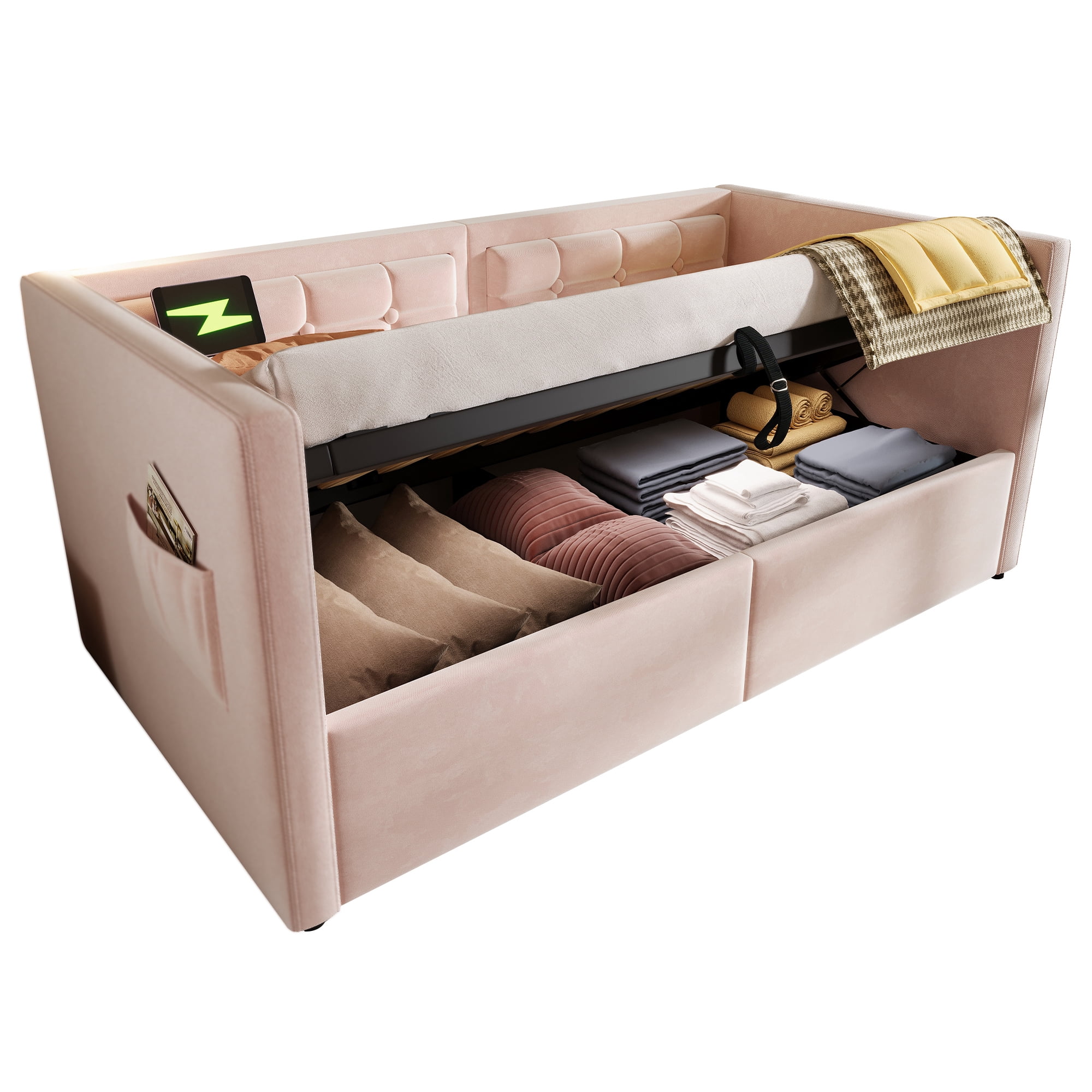 Euroco Upholstered Twin Size Daybed with Hydraulic Storage, Sofa Bed with USB Charging Station, Pink