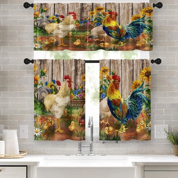 Window Valance for Windows, Rooster 52x39 Inch, 3 Pack, | Vintage Sunflowers Farmhouse Rustic Rod Pocket Cafe Curtain Drapes for Living Room Bedroom Bathroom Kitchen Over Sink Decor