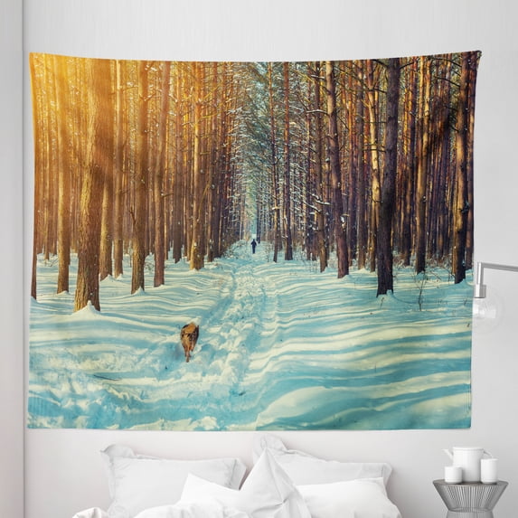 Winter Tapestry, Skier Running Dog in the Forest Winter Season Snow and Dead Nature, Fabric Wall Hanging Decor for Bedroom Living Room Dorm, 5 Sizes, Orange Brown Seafoam, by Ambesonne