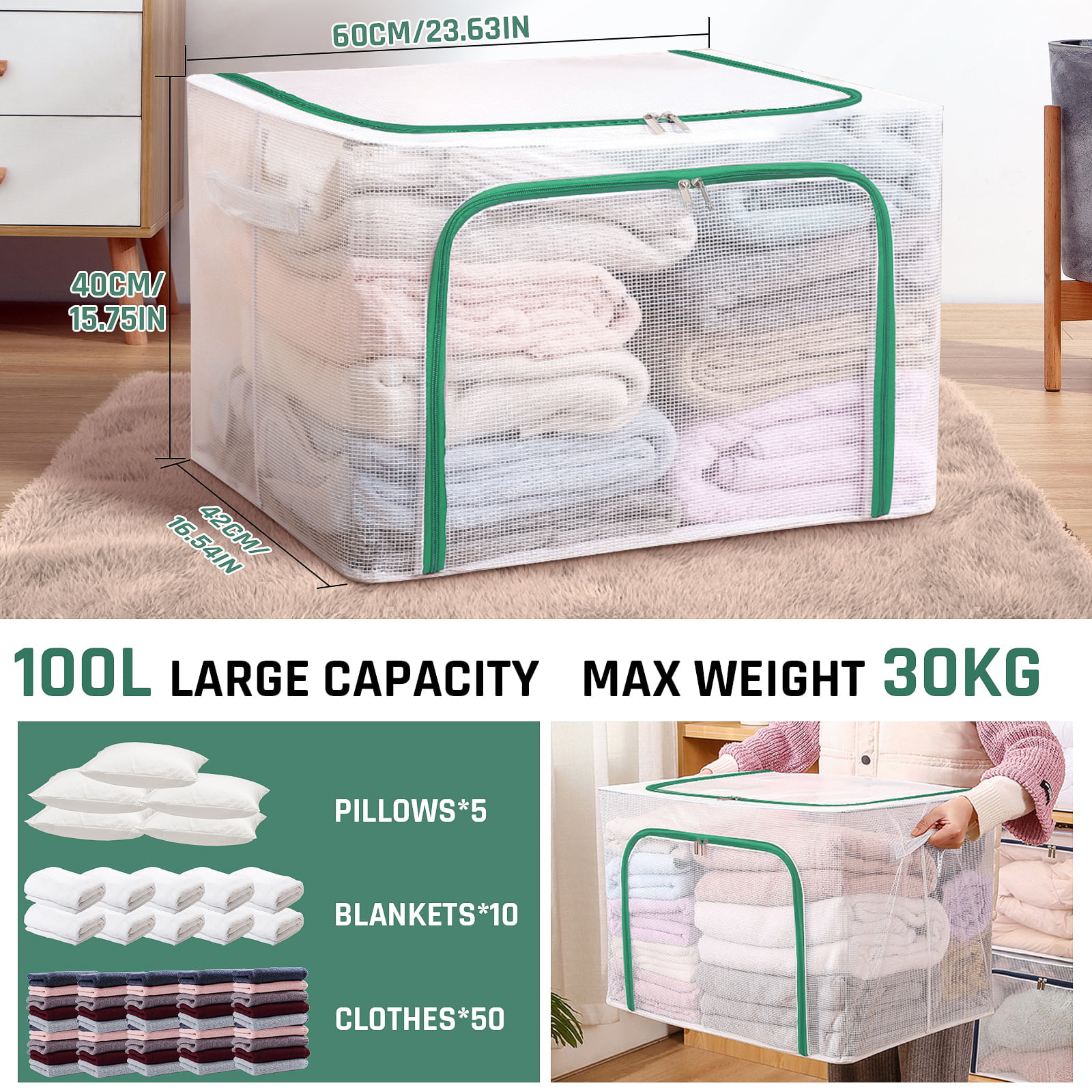 Honeier Closet Organizers and Storage Bags for Clothes, Large Capacity Clothing Blanket Storage Bags with Reinforced Handle, 3 Layer Fabric Closet Organizer