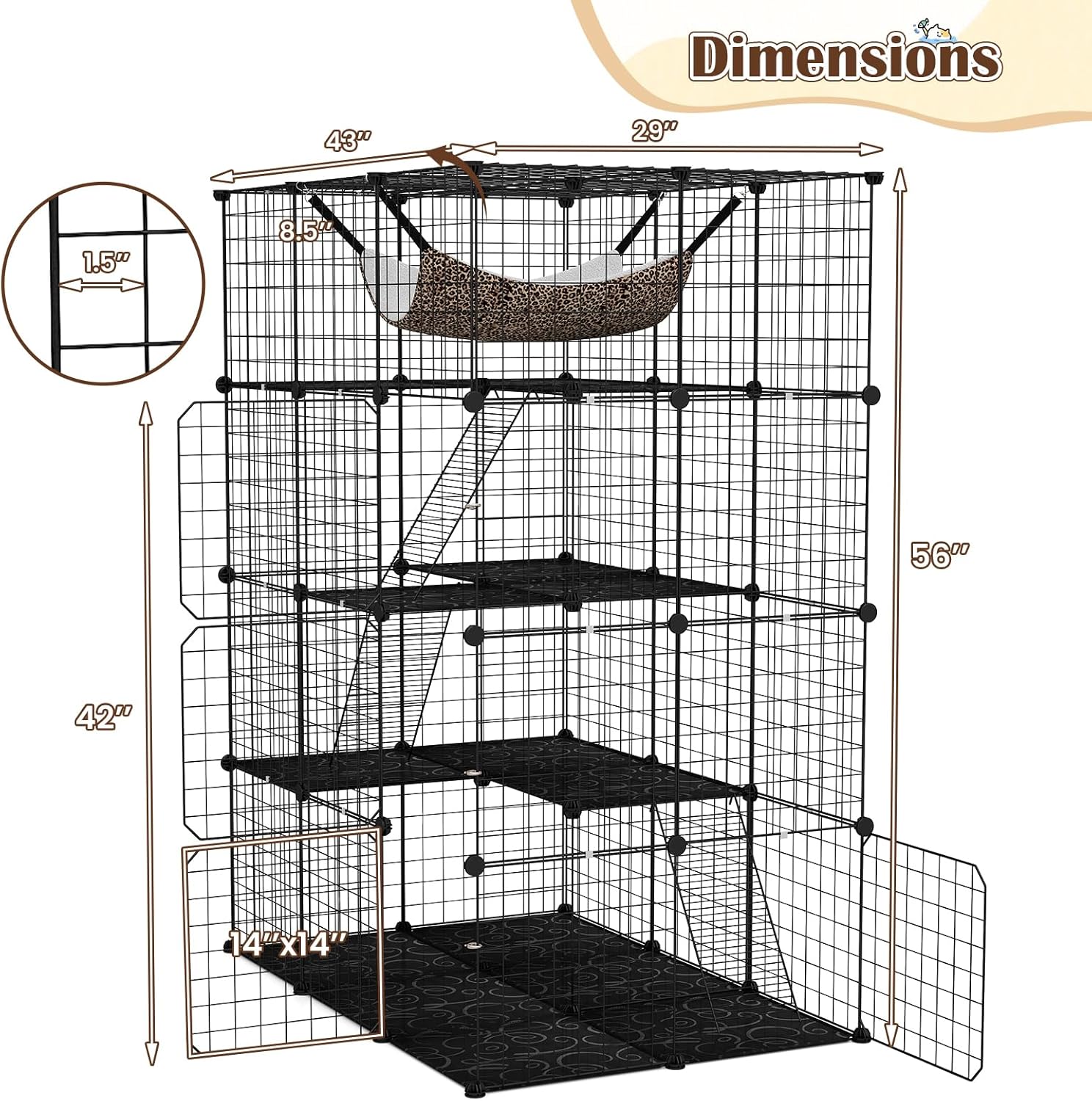 Cat Cages Indoor, 56" Large 4-Tier Cat Enclosure with Skylight, Hammock, 3 Ladders, Detachable Metal Wire Kennel with 4 Lockable Doors, DIY Cat Crate & Pet Playpen Catio for 1-4 Cats