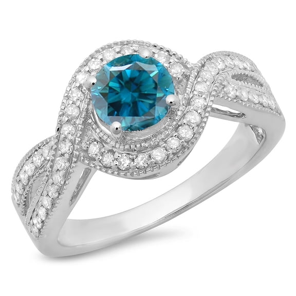 Dazzlingrock Collection 1.15 Carat (ctw) 14K Blue & White Diamond Swirl Split Shank Halo Engagement Ring, White Gold, Size 4.5