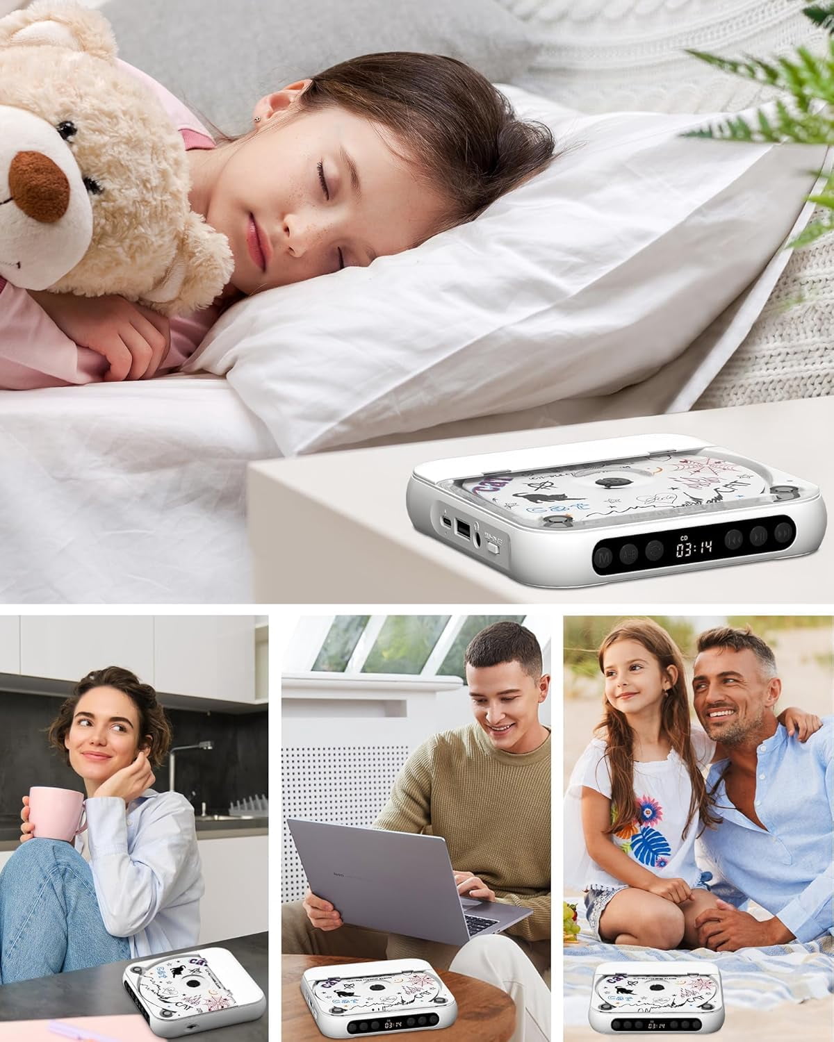 otnbgsr Portable CD Player Bluetooth 2026 Upgrade Rechargeable Music Player Dual Speakers LCD Display Support CD USB AUX MP3 with Headphones