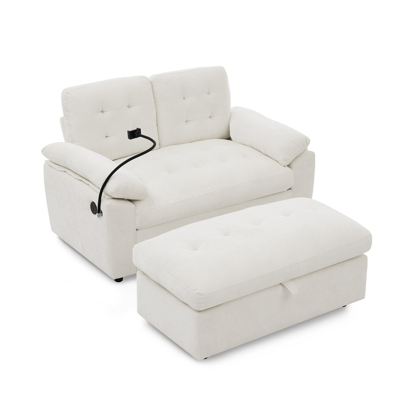 Double Sofa Recliner with Storage Ottoman, Manual Adjustable Reclining Loveseat with USB Charging Port, Phone Stand, and Soft Padded Armrests for Living Room, Apartment, and Home Theater
