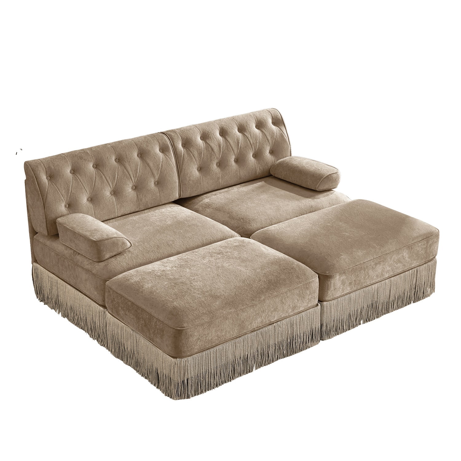 Hommoo 2-Seater Chesterfield Style Velvet Fabric Sofa Couch set with 2 Ottomans, Tufted Button Upholstered Design and Floor-grazing Tassel, Free Combination Sectional Sofa, for Home, Camel