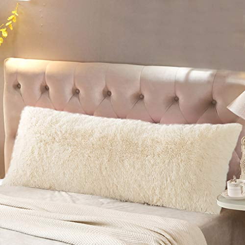 Reafort Housse/étui de Coussin Corporel en Fausse Fourrure de Poils Longs en PVC de Luxe 21"x54 Pouces avec Fermeture Éclair Dissimulée (Housse de Coussin Crème 21"X 54 Pouces)
