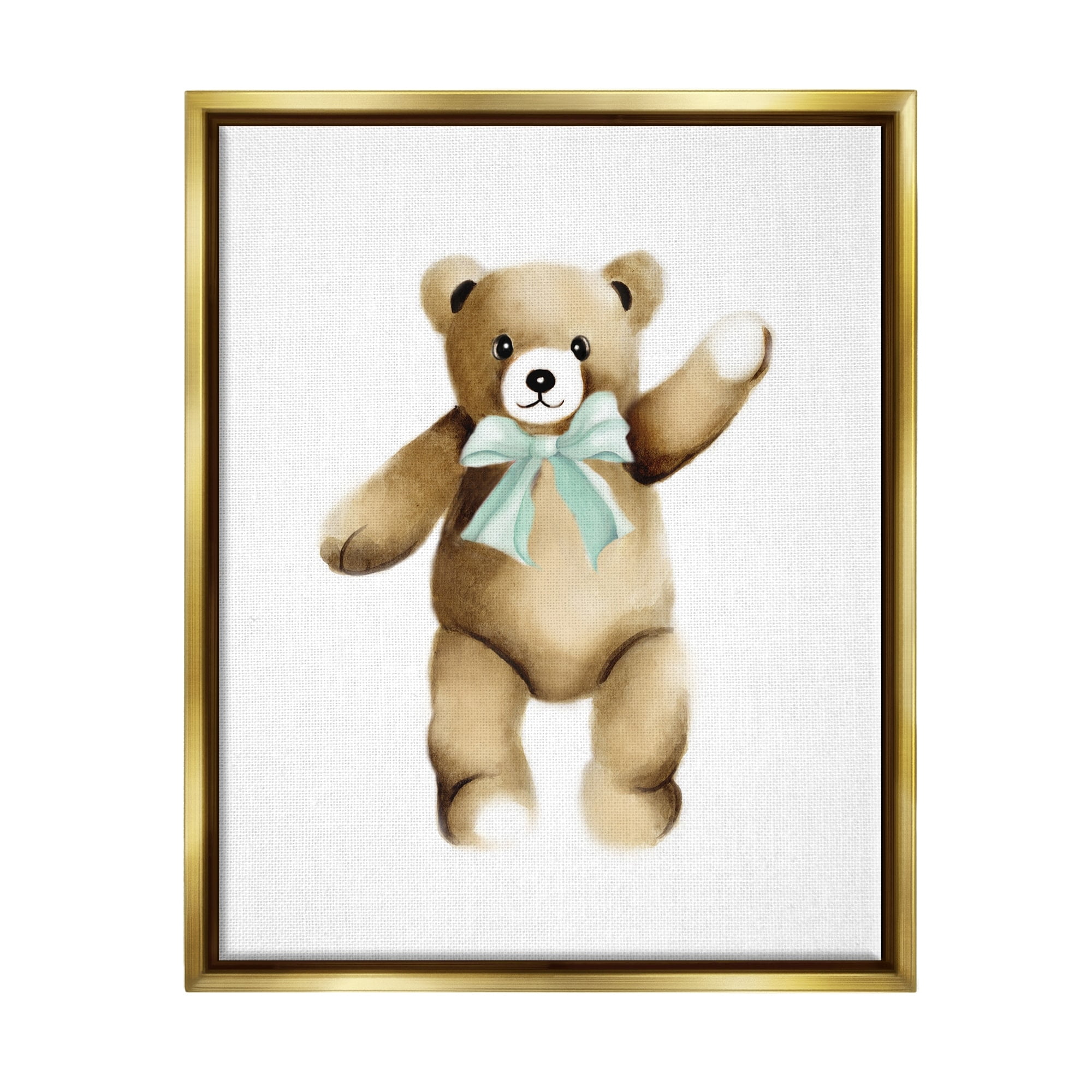Stupell Industries Adorable Teddy Bear Nursery Animal Green Ribbon Graphic Art Metallic Gold Floating Framed Canvas Print Wall Art, Design by Studio Q