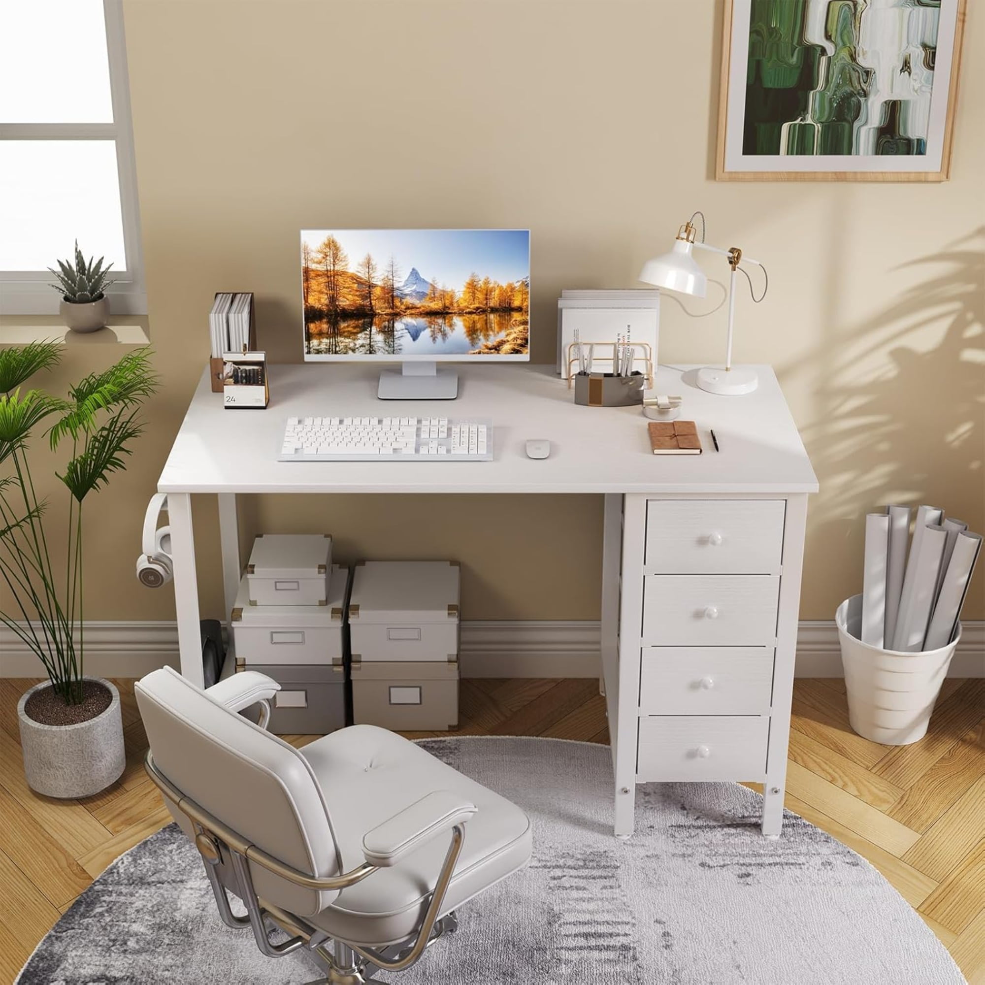 JEZWX 40" White Small Desk with Fabric Drawer for Kids Girls