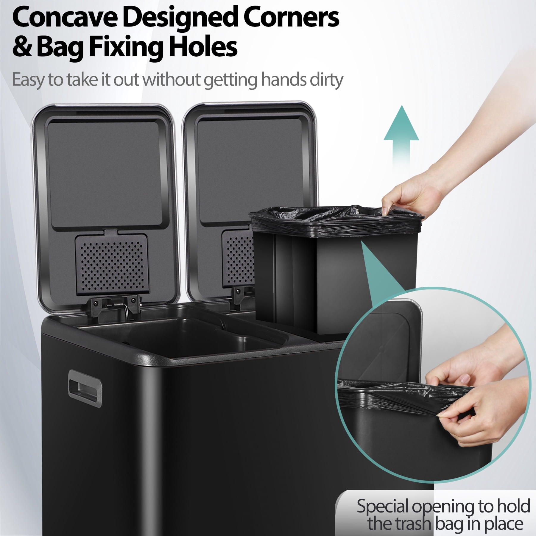 HomGarden 16 Gallon Dual Compartment Trash Can Stainless Steel Step Garbage Can Home Kitchen, Black