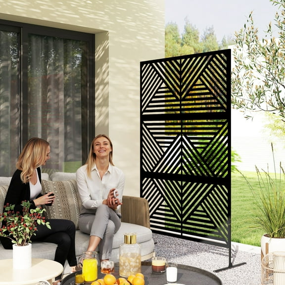 Outsunny Decorative Metal Outdoor Privacy Screen, Freestanding Privacy Fence Screen Outdoor Divider with Stand, 78" H x 48" W Rhombus Black