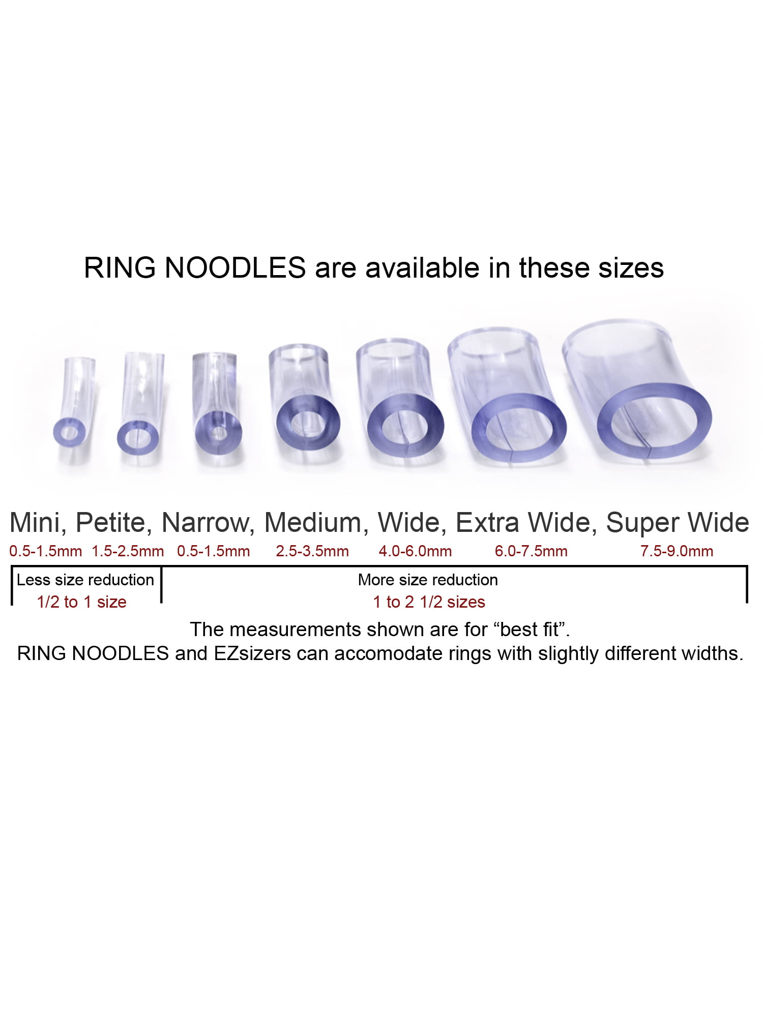 RING NOODLE: Ring Size Reducer Size: Mixed 1 wide 1 narrow 1 medium Ring Size Adjuster for rings 0.5 to 6.0 mm wide. Ring Guard 