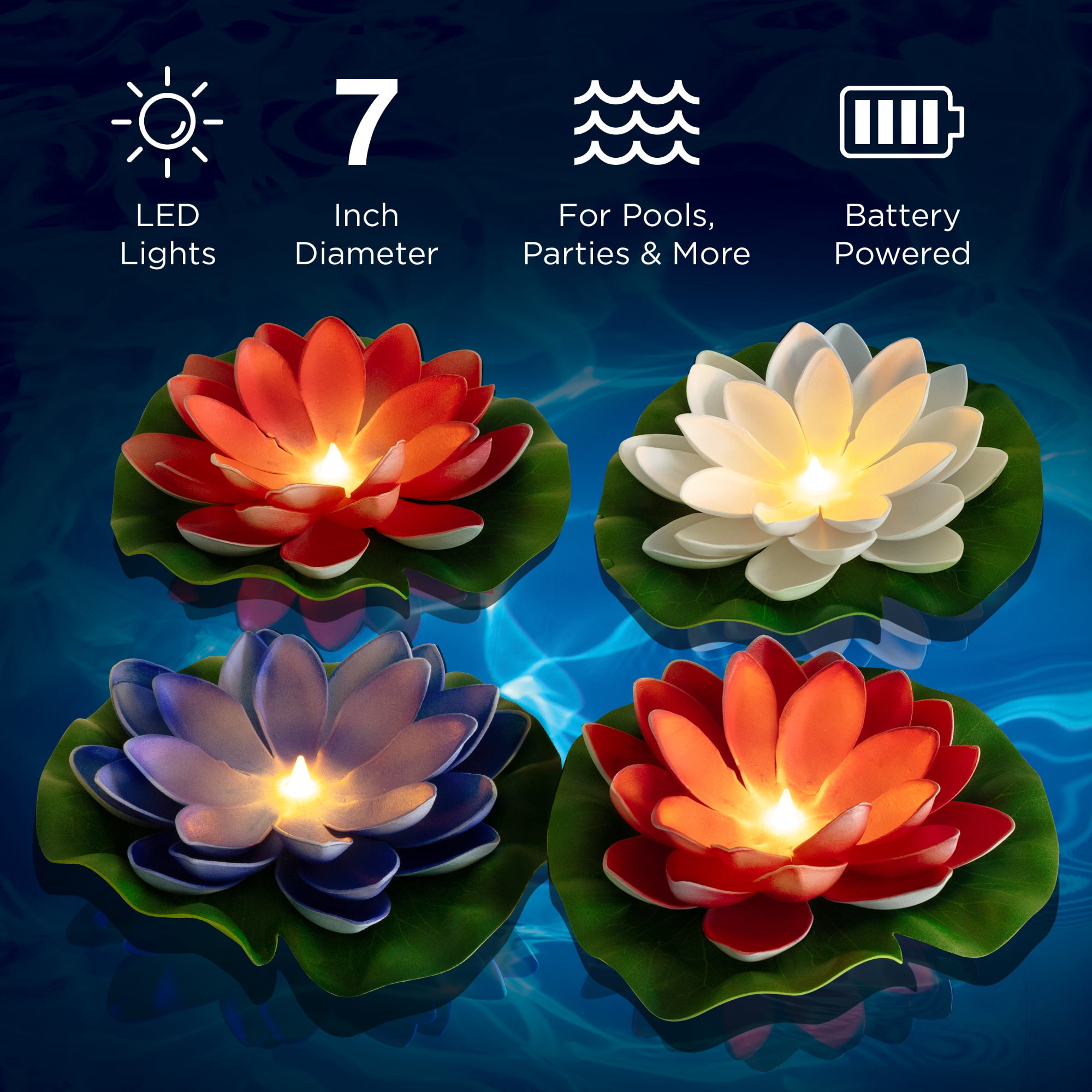 Merkury Innovations 4pk 7” Floating LED Lily pads for Ponds & Pools - Warm White Flickering Lights, Outdoor Decoration
