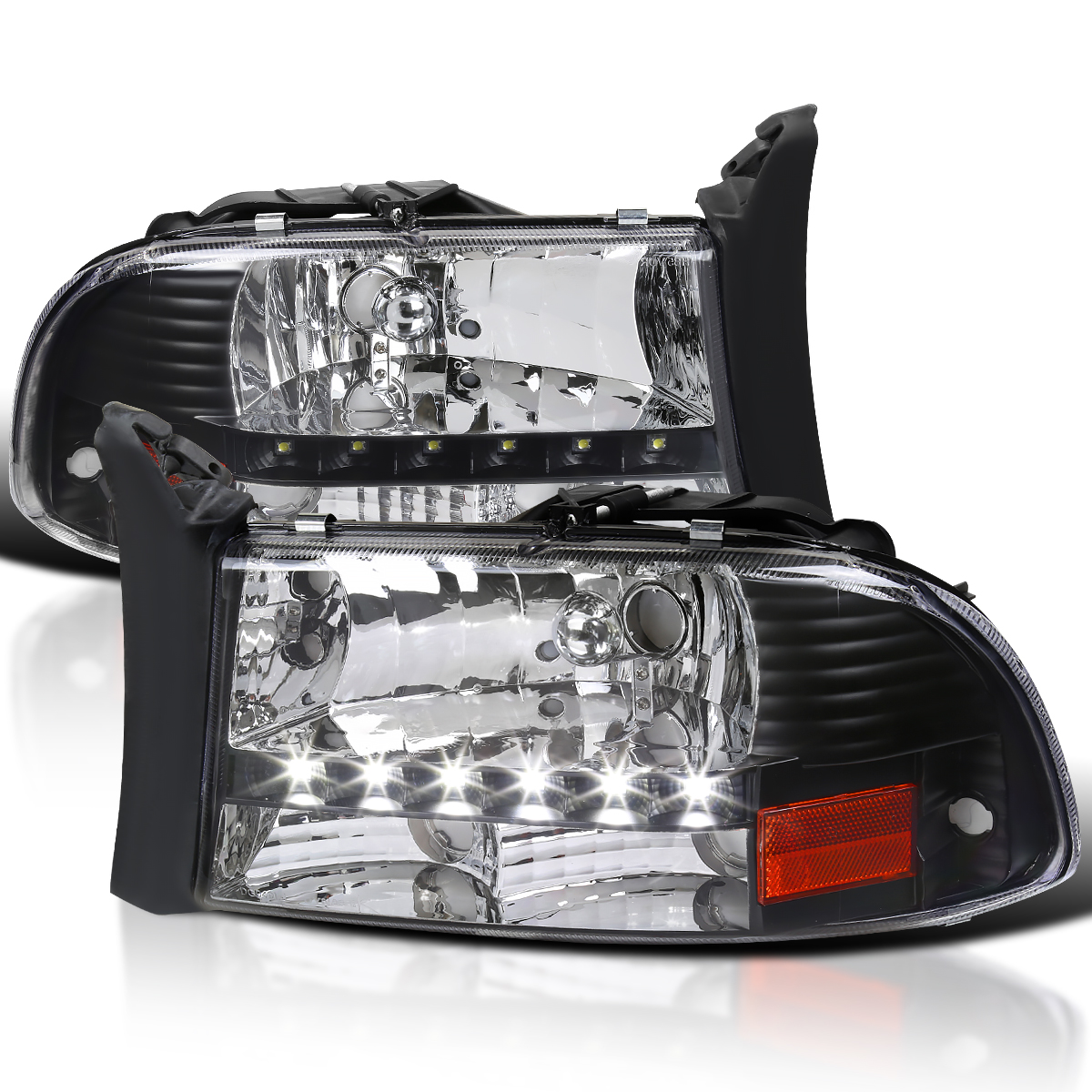 Pair Black Headlights For 1997-2004 Dodge Dakota & 1998-2003 Durango – Chrome Housing
