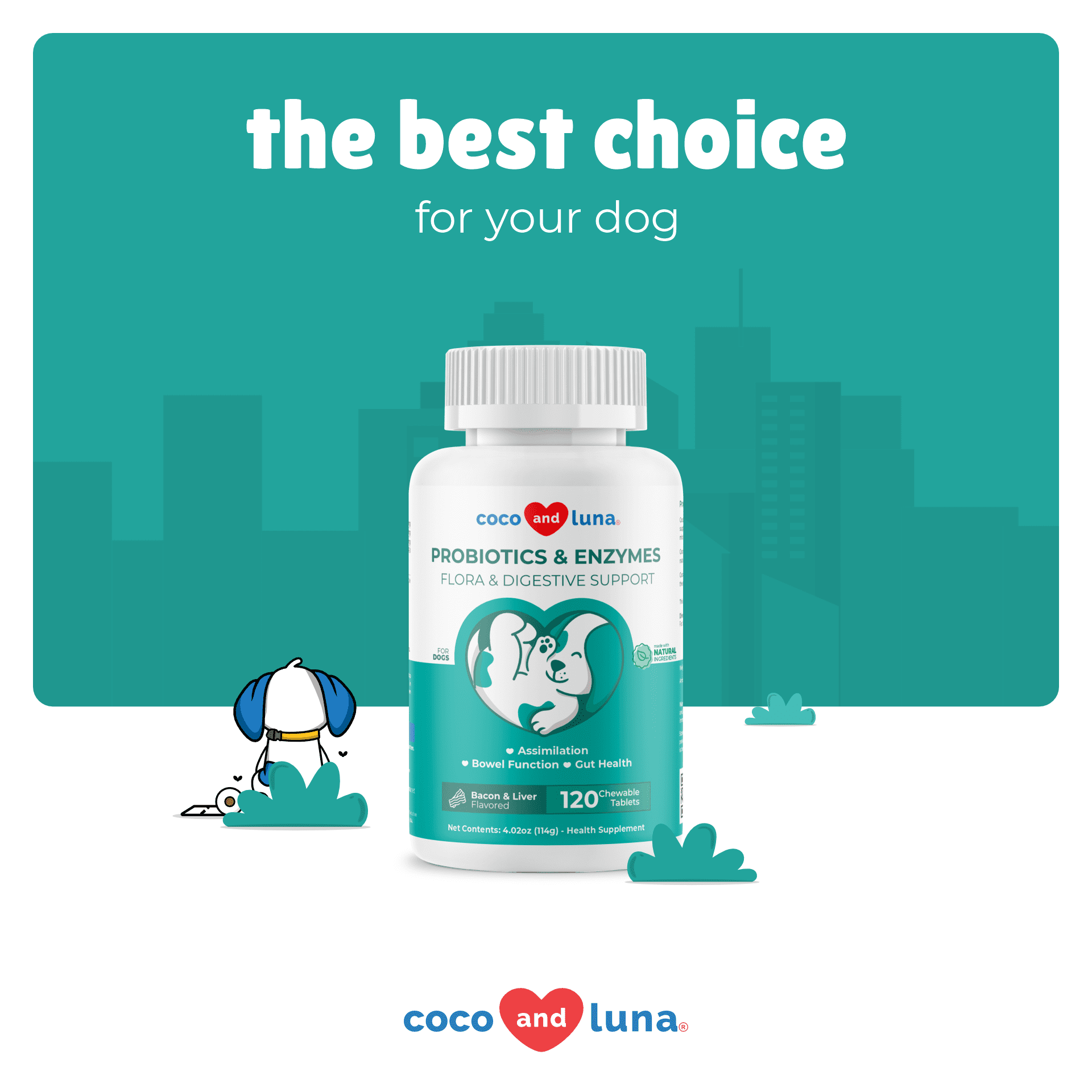 Coco and Luna Probiotics for Dogs - Diarrhea & Gas Support - 120 Chewable Tablets