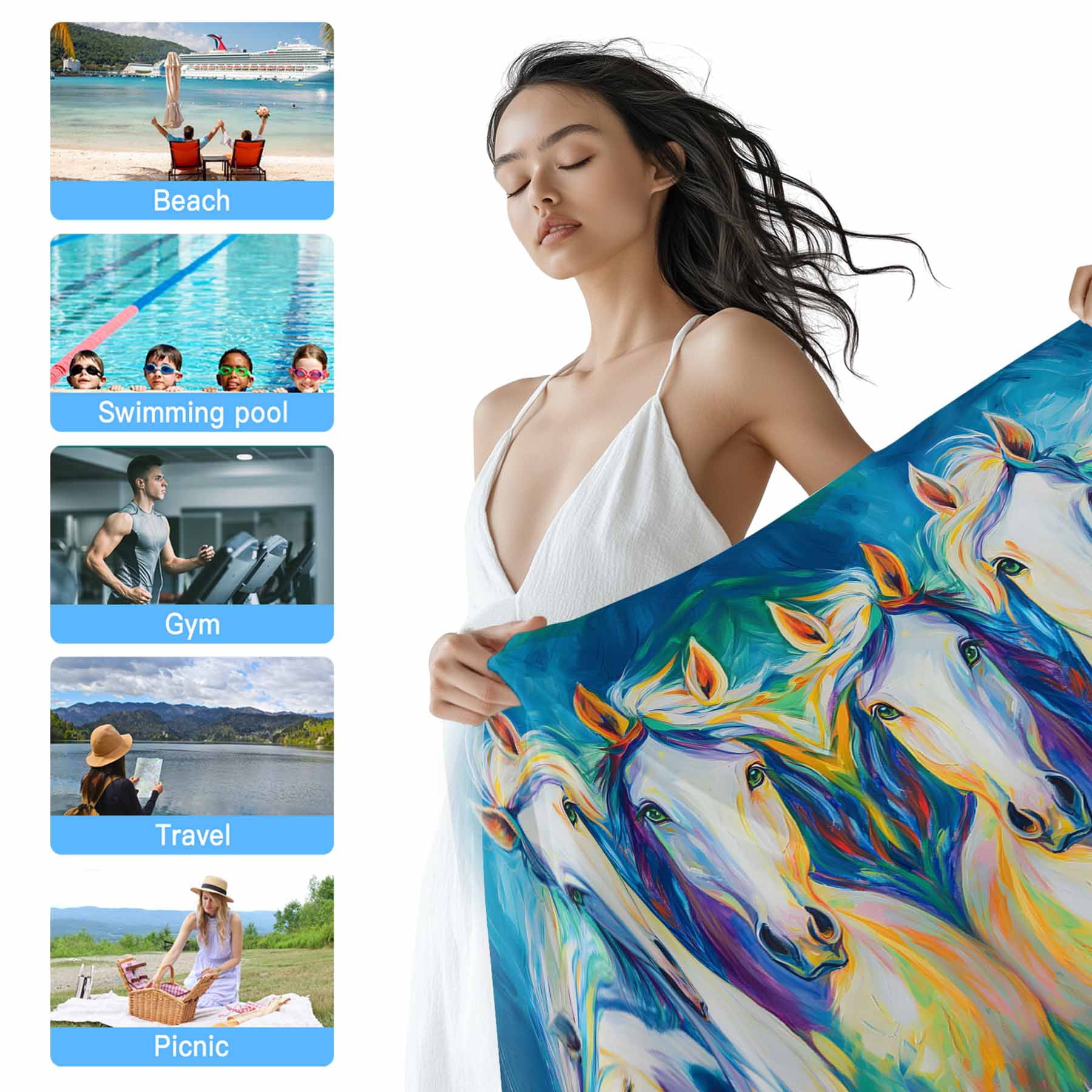 Watercolor Horse Pattern Beach Towels Blanket Soft&Absorbent Quick Dry Microfiber White Blue Turquoise Green Pool Towels for Swimming ,Yoga, Sports, Gym, Camping,Large 30X60in,