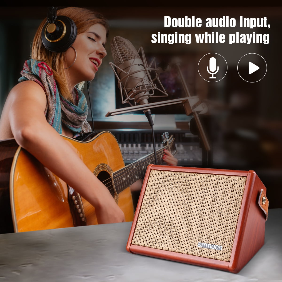ammoon AC-15 15W Portable Acoustic Guitar Amplifier Amp BT Speaker with Microphone Input Supports Bass Treble Control Reverb Effect Built-in Rechargeable Battery