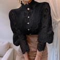 thumbnail image 5 of Women Elegant Lace Trim Shirts Casual Victorian Blouse Long Sleeve Button Down Tops Black L, 5 of 8