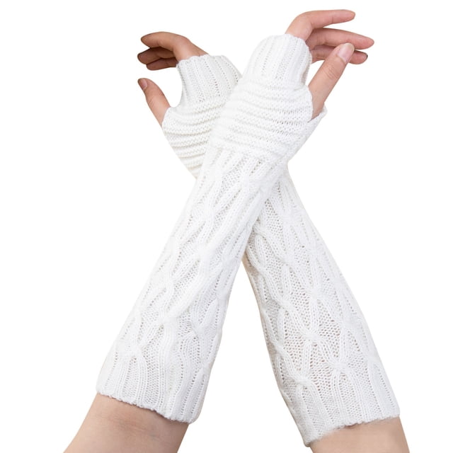 GDREDA Gants Longs en Laine Tricotée pour Femmes Demi-Doigt Chauds Thermiques pour Automne Hiver avec Design Texturé Blanc, Taille Unique