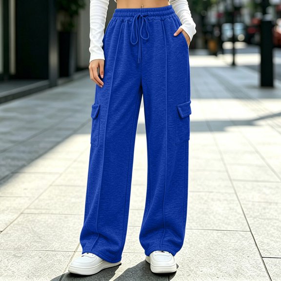 Women's Cargo Sweatpants Solid Color Drawstring Multi Pocket Elastic Waist Wide Leg Loose Straight Fit Casual Daily Athletic Long Pants, Baggy Sweatpants for Women Blue XL