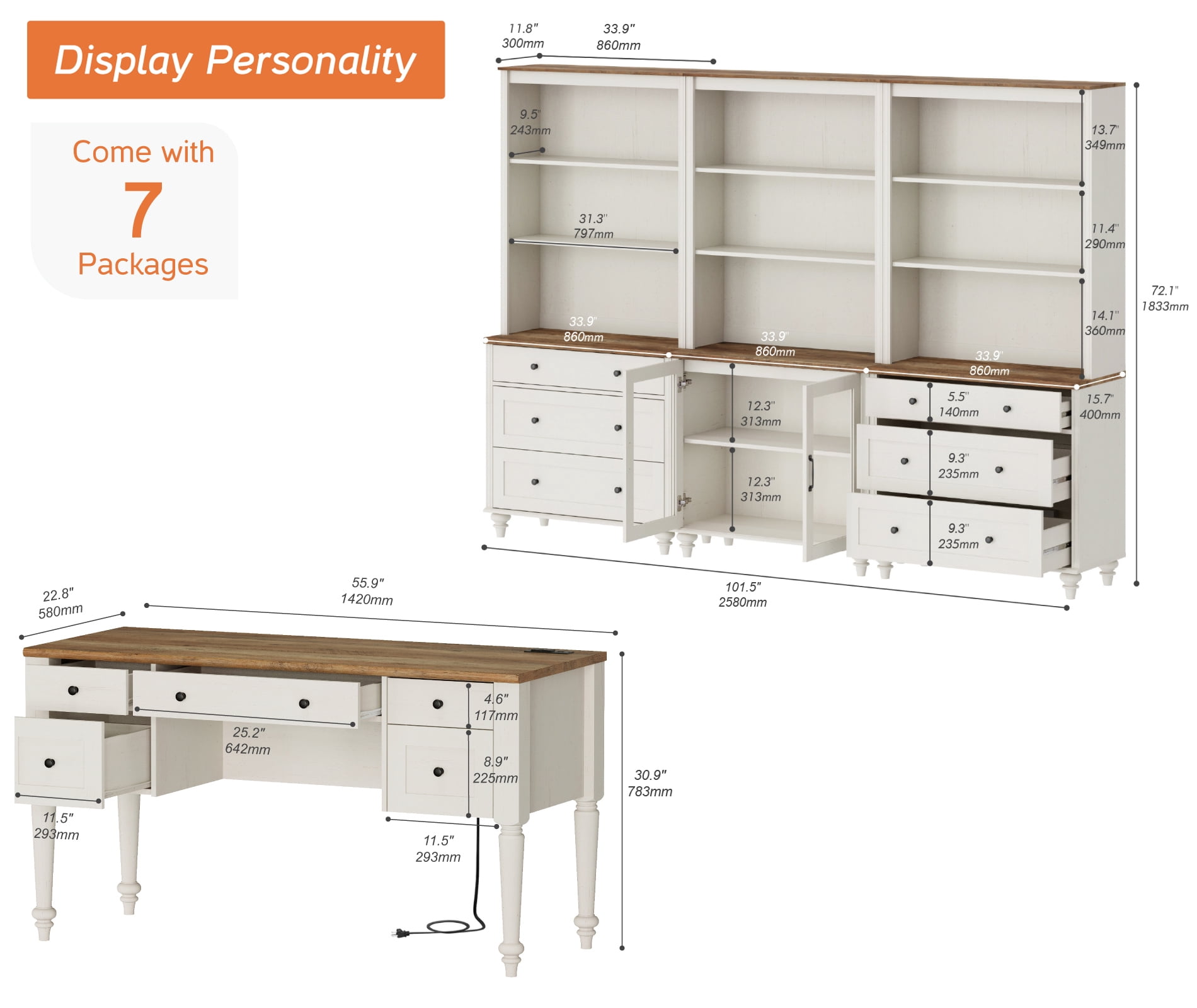 2 Piece Office Set, 56" Executive Desk, Bookcases With 3 Drawers And 2 Glass Cabinets