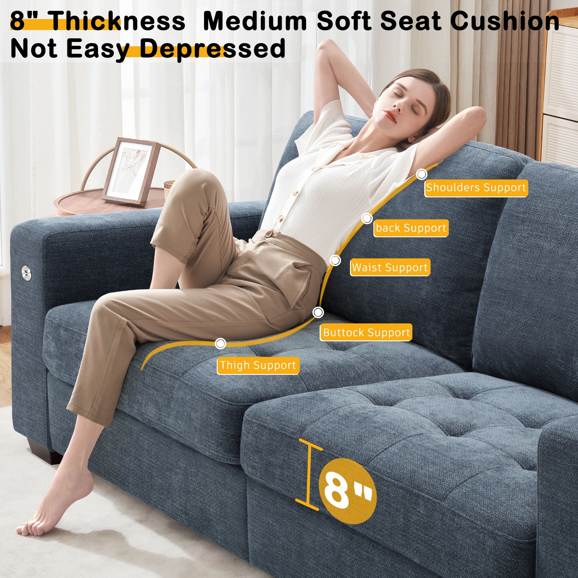 Bedluxury 89" Deep Sofa Couch with USB/Type-C Charging, Storage Pocket & Wide Armrest, Removable Cover, Seats 3 Adults, Chenille Blue