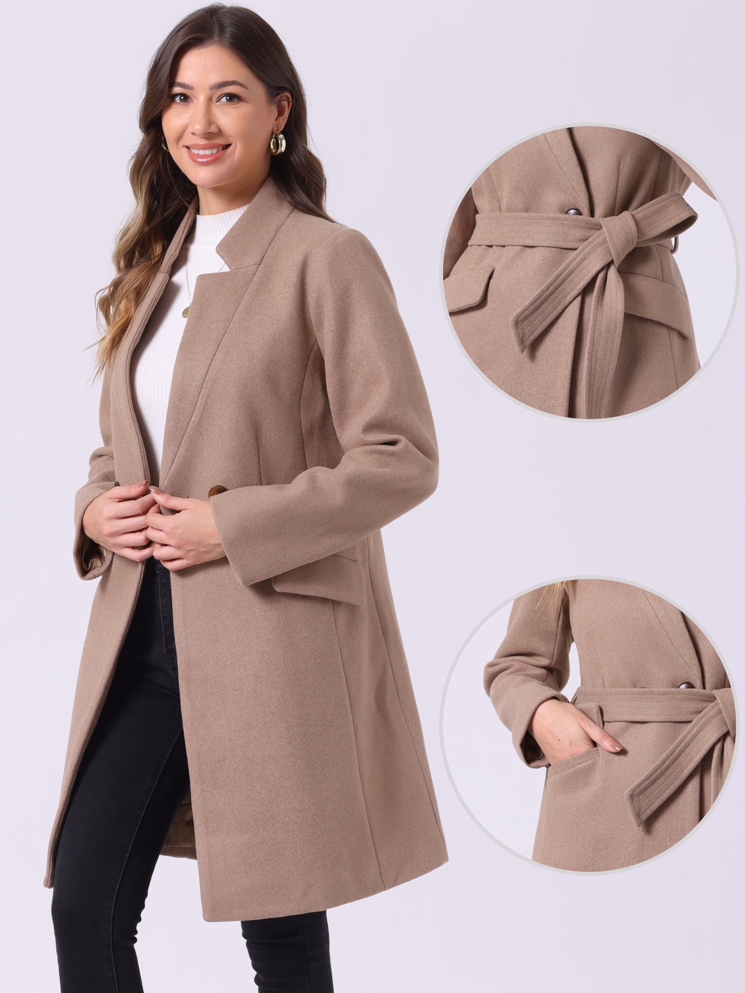 DARING DIVA Women's Vintage Belted Coat Stand Collar Winter Outwear Coats Dark Beige L
