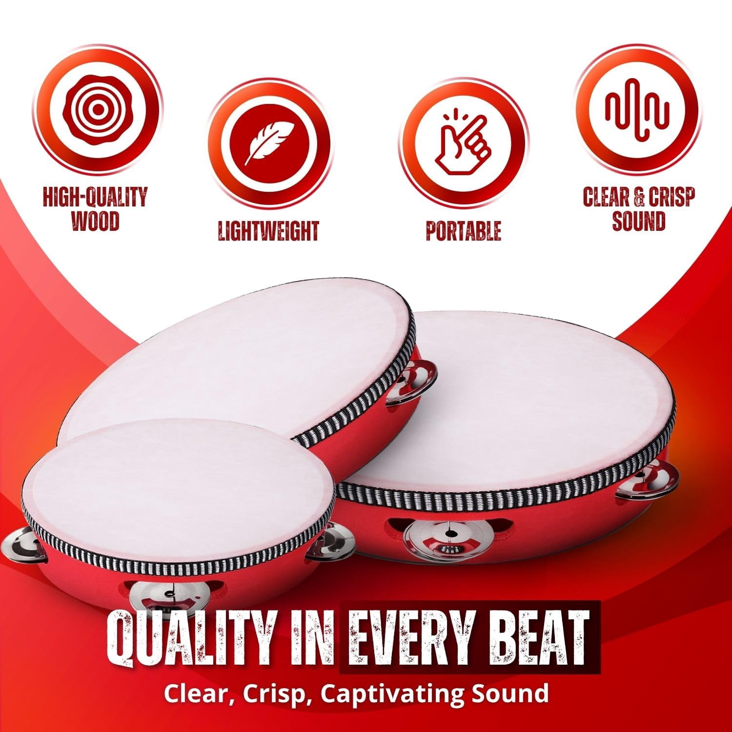 Flexzion Wooden Round Tambourine for Kids and Adults 10, 8, 6-Inch Single Row 8 Pair Jingles, Red Handheld Percussion Instrument for Beginner and Professional Tambourine Player, 3 Pack
