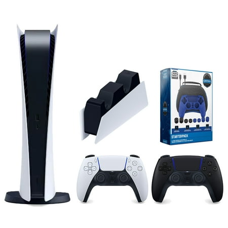 Sony Playstation 5 Digital Edition Console with Extra Black Controller, DualSense Charging Station and Surge Pro Gamer Starter Pack 11-Piece Accessory Bundle