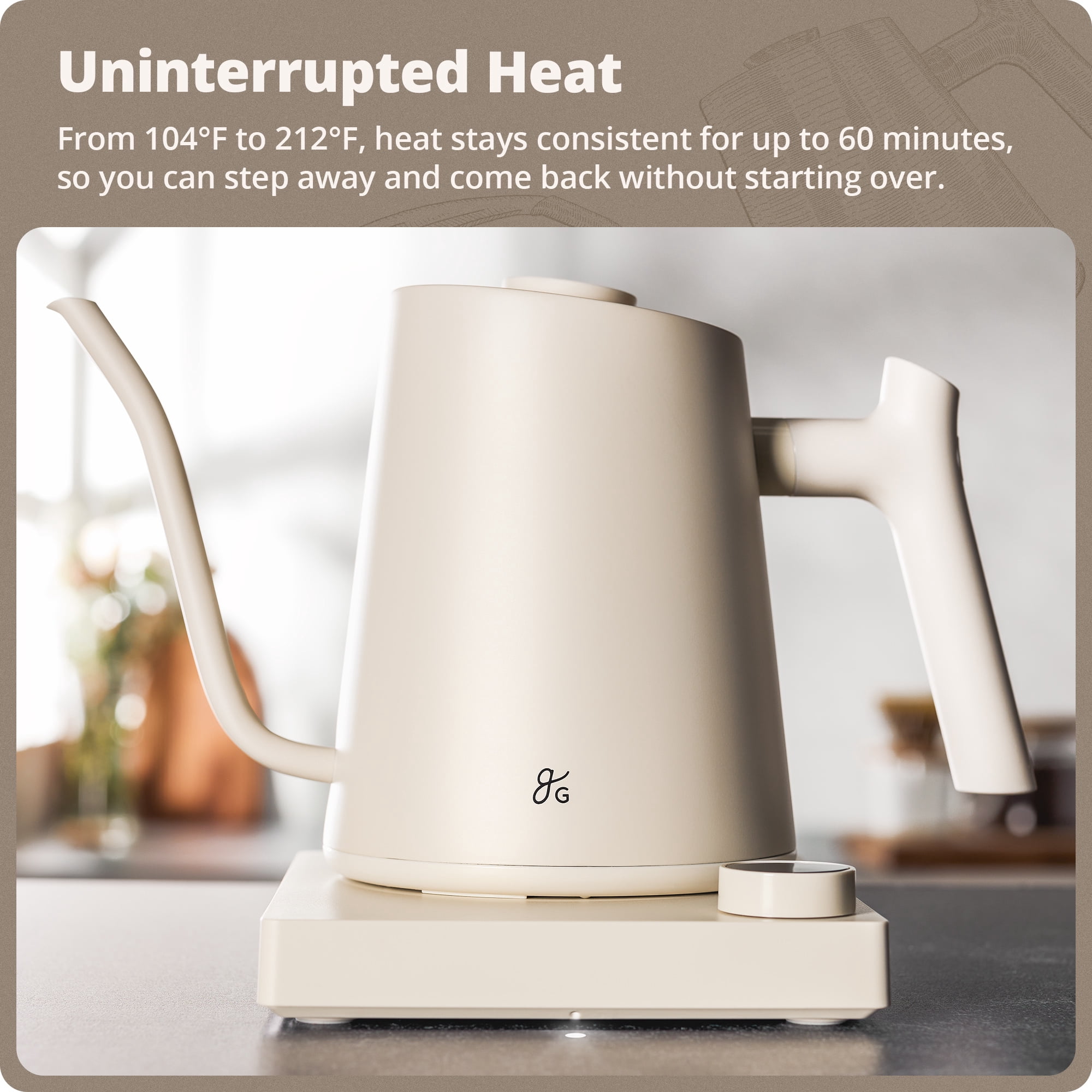Greater Goods 0.8L Electric Gooseneck Kettle, Variable Temp Control, 1200W Fast Boil, Pour Over Coffee & Tea Kettle, Stainless Steel, BPA Free, Birch White
