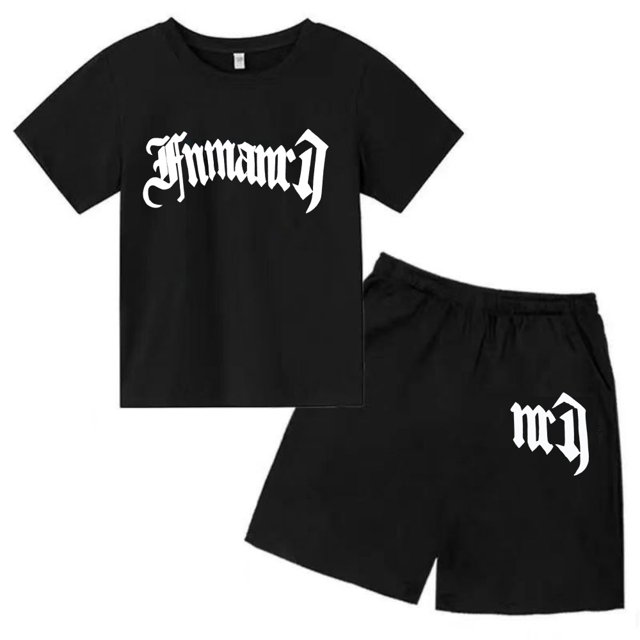 Ensemble T-Shirt Imprimé Gothique pour Enfants, Haut d'Été + Shorts 2 Pcs Manches Courtes Mode Décontractée Garçons Filles