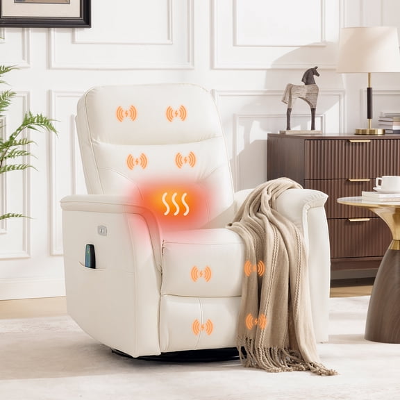 ATHOPE Power Recliner Chair for Adults with Massage & Heating, Swivel Glider Rocking Chair with USB Charging Port & Side Pockets, Executive Leather Living Room Chair, White