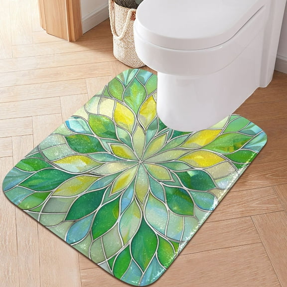 Toilet Rug U-Shaped Bathroom Rugs Non-Slip Soft Plush Machine Washable Contour Bath Mat Yellow Green Floral Stained Glass 24x20