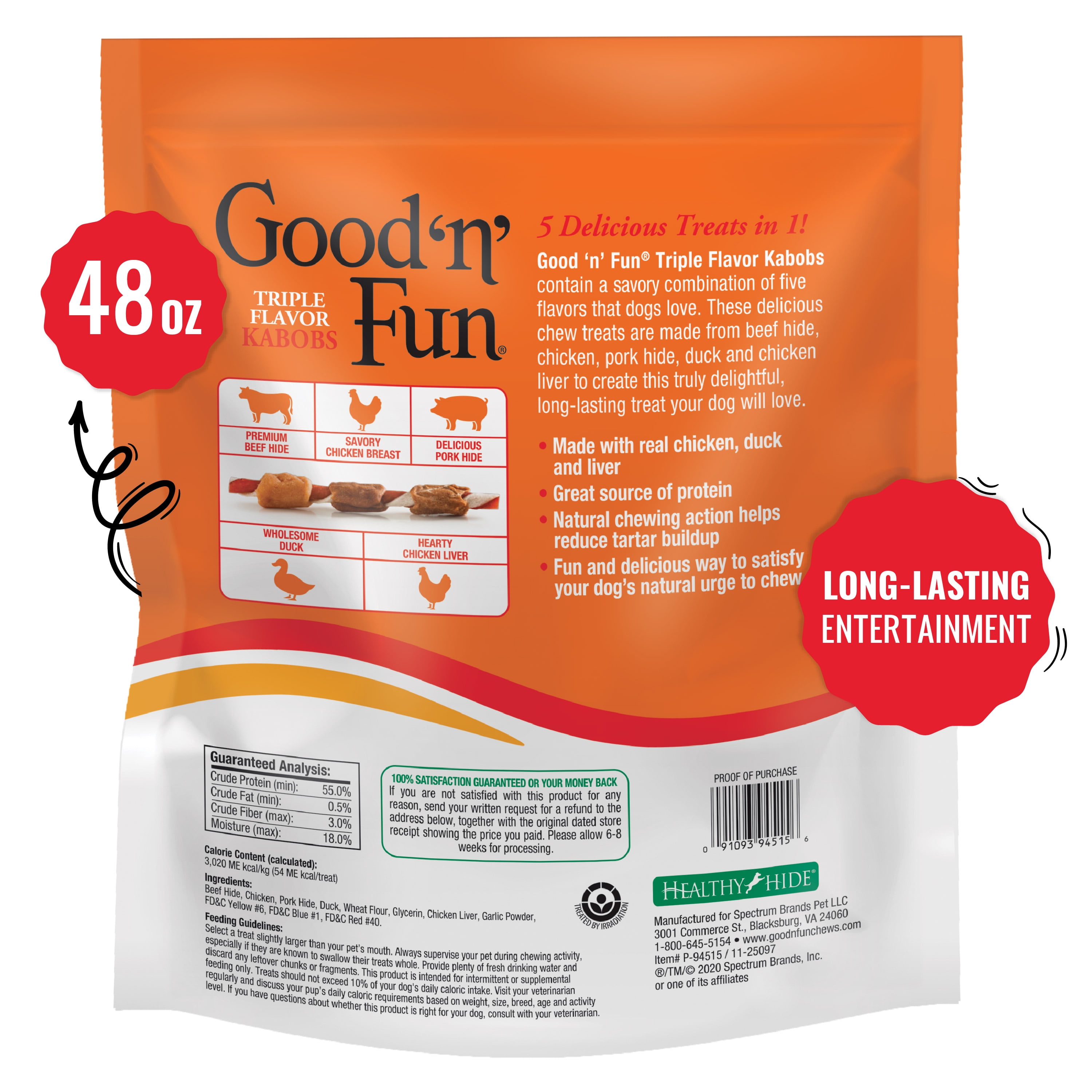 (3 pack) Good 'n' Fun Triple Flavor Kabobs, Rawhide Chews for All Dogs, 48 oz