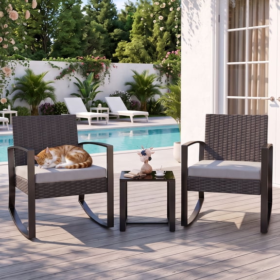 Patio Furniture Set on Sale, Rocking Bistro Set Chair with Coffee Table for Balcony, Backyard, Gray