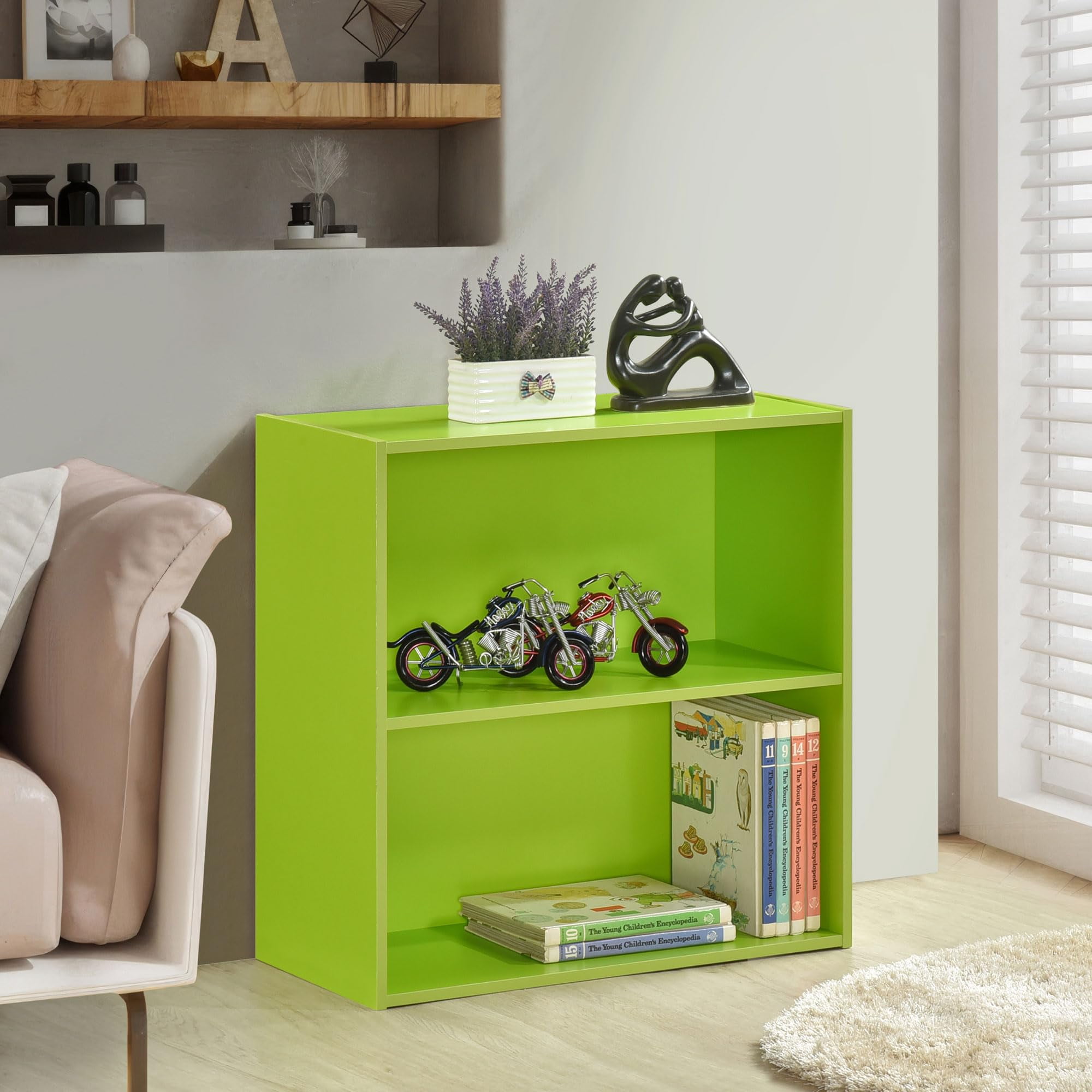 Kings Brand Furniture George 2-Tier Bookcase Storage Organizer - Wooden Shelf Organizer for Bedroom, Nursery, School or Home Office (Green)