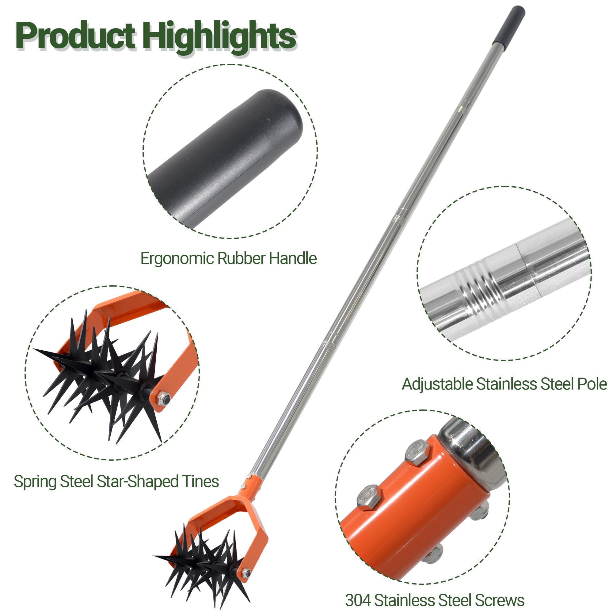 67-inch Garden Cultivator With Tempered Spring Steel Tines  Adjustable Stainless Handle Manual Rotary Design For Soil Loosening