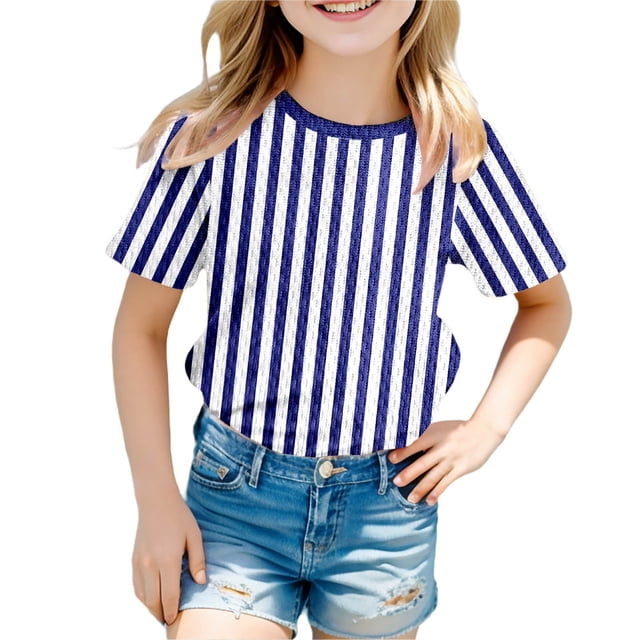 GDREDA T-Shirt Graphique à Manches Courtes Rayé de Carnaval pour Garçons, Chemise de Fête Colorée, Haut Décontracté Confortable pour Enfants, Bleu Foncé,110