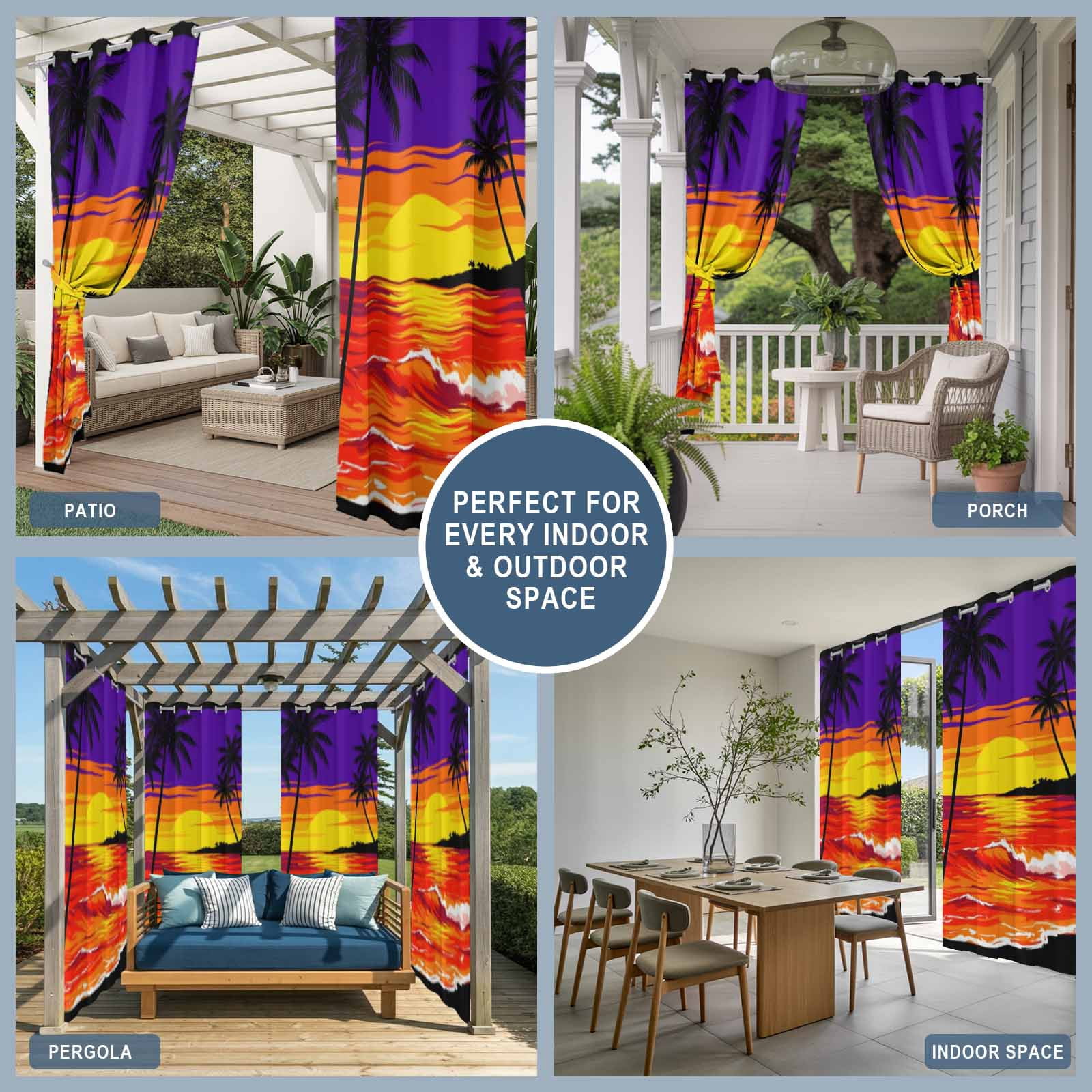 Sunset Beach Outdoor Curtains for Patio, Boho Tropical Palms Coastal Orange Evening Glow Sunshade Privacy Drapes Grommet Waterproof Outside Curtains for Porch/Cabana/Balcony 54"x 108", 1 Panel