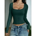 thumbnail image 2 of Womens Long Sleeve Shirts Crop Tops Square Neck Going Out Basics Tees Y2K Winter Clothes 2025 Dark Green L, 2 of 5