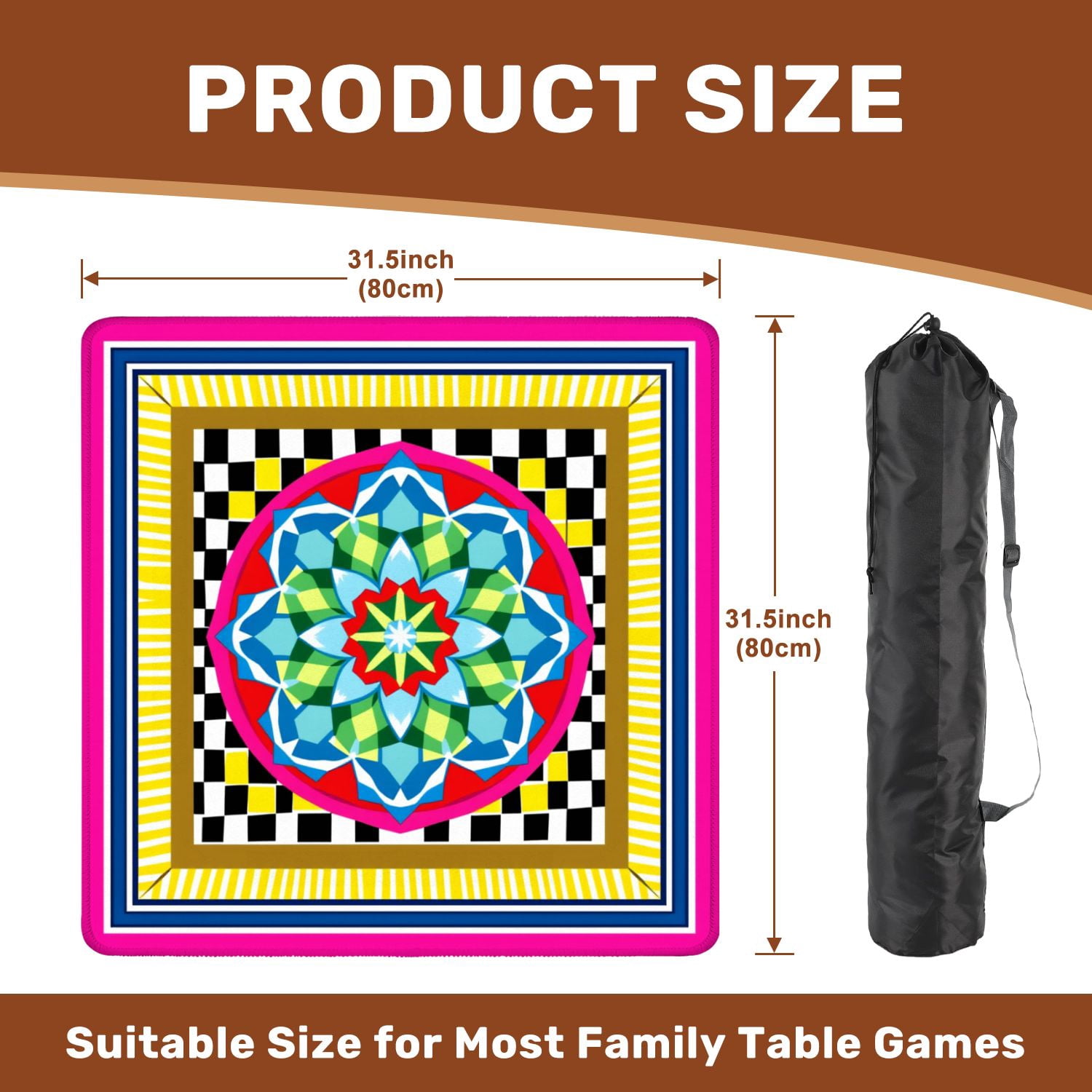 Mahjong Mat 31.5" x 31.5" Vibrant Geometric Mandala Checkerboard Bright Color Borders Non-Slip Noise Reduction American Mahjong Tiles Table Cover for Dominoes Poker Card Board Games Gift