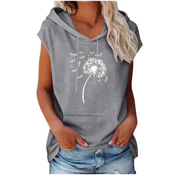 cocolona Womens Sleeveless Printed Pullover Hoodie Drawstring Trendy Casual Solid Color Sweatshirt with Pocket