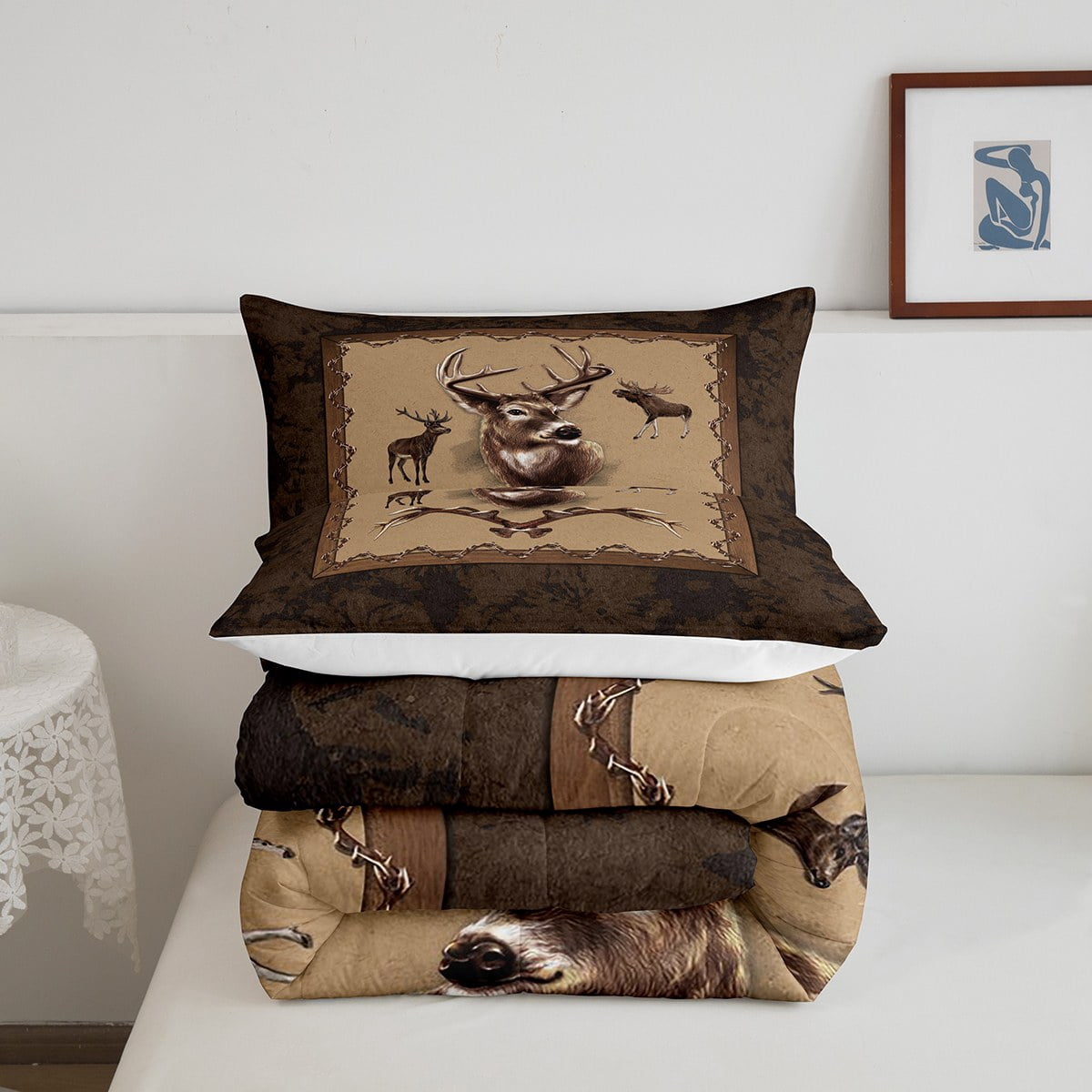 Twin Size Deer & Mountain Comforter Set - Rustic Woodland Bedding, Includes Comforter & Pillow Sham