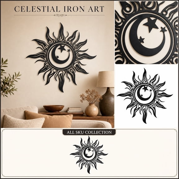 Metal Art Wall Decor, Black Metal Wall Art, Sun and Moon Decor, Celestial Decor, Boho Wall Decor, 16X16 Inch Line Art Iron Wall Hanging, Decor for Indoor Living Room Wall,