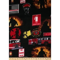 Fleece Firefighters Badges Gear Emergency Rescue Fireman Fire Fighter Black Fleece Fabric Print by the Yard (3447S-9F-firefighter)