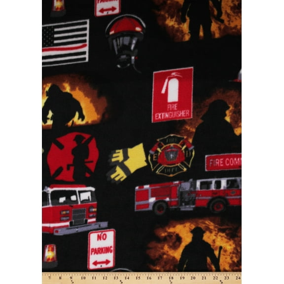 Fleece Firefighters Badges Gear Emergency Rescue Fireman Fire Fighter Black Fleece Fabric Print by the Yard (3447S-9F-firefighter)