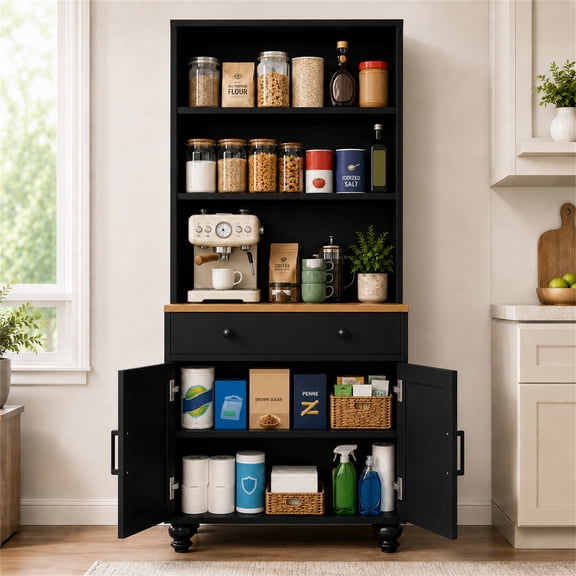 SESSLIFE Pantry Cabinet, 63" H Kitchen Pantry Storage Cabinet with 3 Open Shelves, Drawer & Adjustable Bottom Storage, Wood Kitchen Pantry Cabinet for Dining Room Living Room, Black