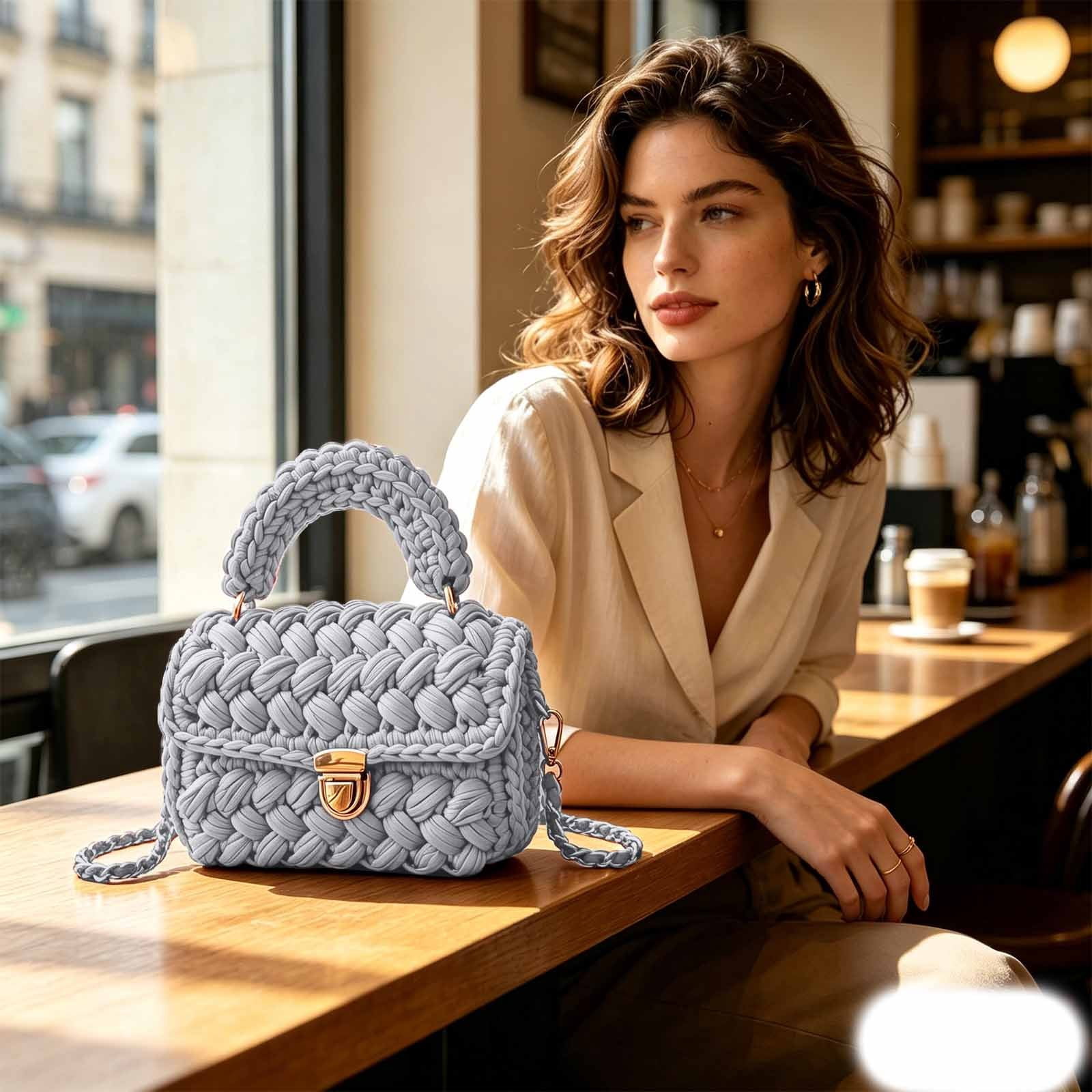 CAIXIA Chunky Yarn Knit Crochet Tote Purse Crossbody Bags for Women - Handwoven Evening Clutch Flap Shoulder Bag