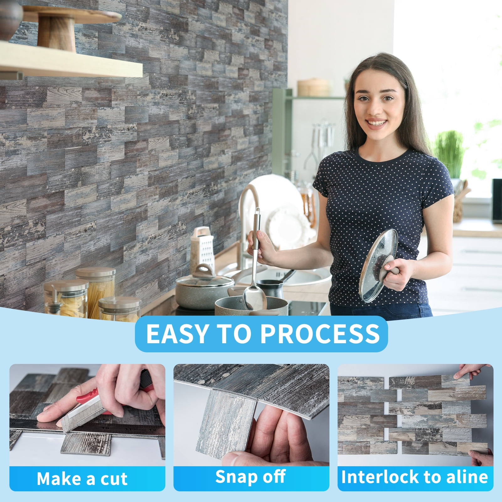 Art3d Peel and Stick Backsplash PVC Wall Tile, Stickon Tile for Kitchen Backplash, Bathroom Vanities, Fireplace Decor, Laundry Table, Stair Decals in Spruce Grey Rustic, Plastic-Sheets (1-sheet)